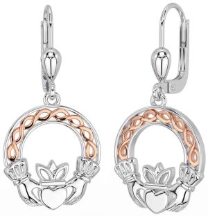 White Rose Gold Celtic Claddagh Dangle Earrings