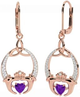 Diamond Amethyst Rose Gold Silver Claddagh Celtic Trinity Knot Dangle Earrings