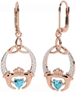 Diamond Aquamarine Rose Gold Silver Claddagh Celtic Trinity Knot Dangle Earrings