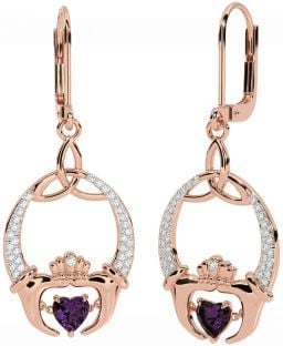 Diamond Alexandrite Rose Gold Silver Claddagh Celtic Trinity Knot Dangle Earrings