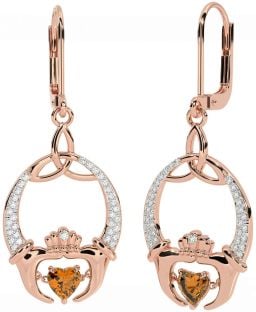 Diamond Citrine Rose Gold Silver Claddagh Celtic Trinity Knot Dangle Earrings