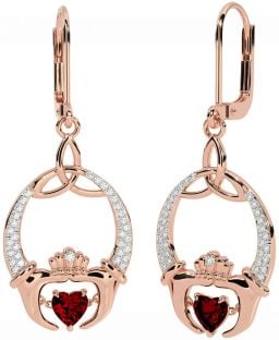 Diamond Garnet Rose Gold Silver Claddagh Celtic Trinity Knot Dangle Earrings