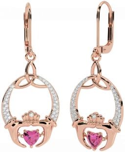 Diamant Rose Tourmalines Rose Or Argent Claddagh celtique Trinité Noeud Pendre Des boucles d'oreilles