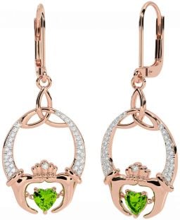 Diamond Peridot Rose Gold Silver Claddagh Celtic Trinity Knot Dangle Earrings