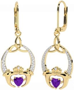 Diamond Amethyst Gold Silver Claddagh Celtic Trinity Knot Dangle Earrings