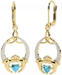 Diamond Aquamarine Gold Silver Claddagh Celtic Trinity Knot Dangle Earrings