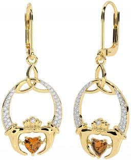 Diamond Citrine Gold Silver Claddagh Celtic Trinity Knot Dangle Earrings