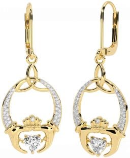 Diamond Gold Silver Claddagh Celtic Trinity Knot Dangle Earrings