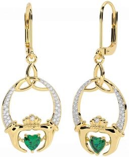 Diamond Emerald Gold Silver Claddagh Celtic Trinity Knot Dangle Earrings