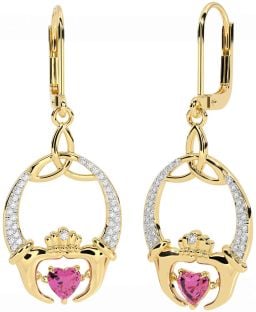 Diamond Pink Tourmaline Gold Silver Claddagh Celtic Trinity Knot Dangle Earrings