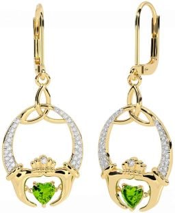 Diamond Peridot Gold Silver Claddagh Celtic Trinity Knot Dangle Earrings