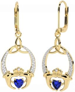 Diamond Sapphire Gold Silver Claddagh Celtic Trinity Knot Dangle Earrings