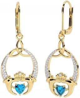 Diamond Topaz Gold Silver Claddagh Celtic Trinity Knot Dangle Earrings