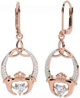 Diamond Rose Gold Claddagh Celtic Trinity Knot Dangle Earrings