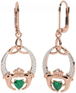 Diamond Emerald Rose Gold Claddagh Celtic Trinity Knot Dangle Earrings