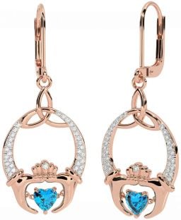 Diamant Topas Rose Gold Claddagh keltisch Dreieinigkeit Knoten Baumeln Ohrringe