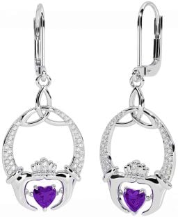 Diamond Amethyst Silver Claddagh Celtic Trinity Knot Dangle Earrings