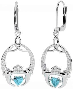 Diamond Aquamarine Silver Claddagh Celtic Trinity Knot Dangle Earrings