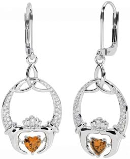 Diamond Citrine Silver Claddagh Celtic Trinity Knot Dangle Earrings