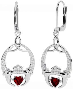 Diamond Garnet Silver Claddagh Celtic Trinity Knot Dangle Earrings