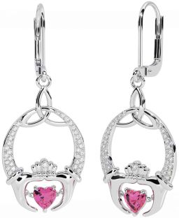 Diamond Pink Tourmaline Silver Claddagh Celtic Trinity Knot Dangle Earrings