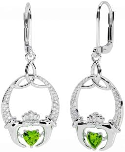 Diamond Peridot Silver Claddagh Celtic Trinity Knot Dangle Earrings