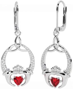 Diamond Ruby Silver Claddagh Celtic Trinity Knot Dangle Earrings