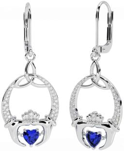 Diamond Sapphire Silver Claddagh Celtic Trinity Knot Dangle Earrings