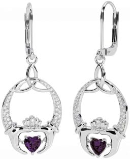 Diamant Alexandrite Blanc Or Claddagh celtique Trinité Noeud Pendre Des boucles d'oreilles