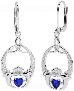 Diamond Sapphire White Gold Claddagh Celtic Trinity Knot Dangle Earrings