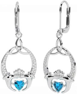 Diamond Topaz White Gold Claddagh Celtic Trinity Knot Dangle Earrings