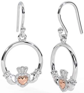 Diamond Rose Gold Silver Claddagh Dangle Earrings
