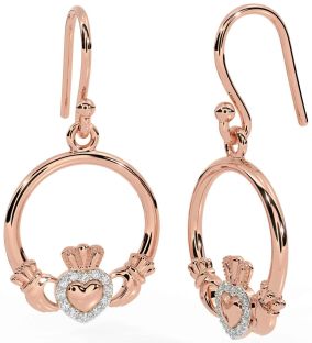 Diamond Rose Gold Silver Claddagh Dangle Earrings