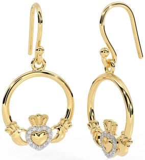 Diamond Gold Claddagh Dangle Earrings