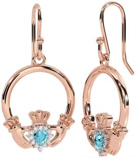 Diamond Aquamarine Rose Gold Silver Claddagh Dangle Earrings