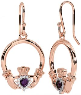 Diamond Alexandrite Rose Gold Silver Claddagh Dangle Earrings