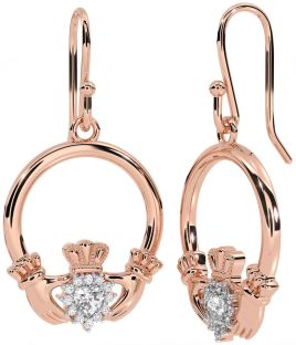 Diamond Rose Gold Silver Claddagh Dangle Earrings