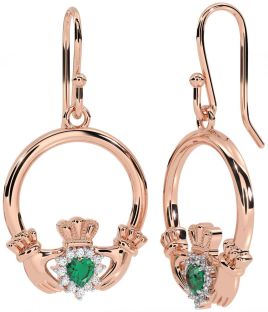 Diamond Emerald Rose Gold Silver Claddagh Dangle Earrings