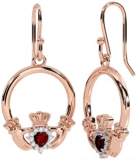 Diamond Garnet Rose Gold Silver Claddagh Dangle Earrings