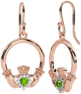 Diamond Peridot Rose Gold Silver Claddagh Dangle Earrings