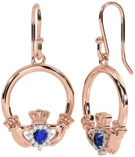 Diamond Sapphire Rose Gold Silver Claddagh Dangle Earrings