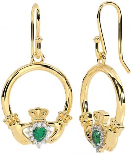 Diamond Emerald Gold Silver Claddagh Dangle Earrings