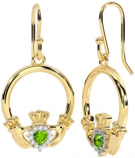 Diamond Peridot Gold Silver Claddagh Dangle Earrings