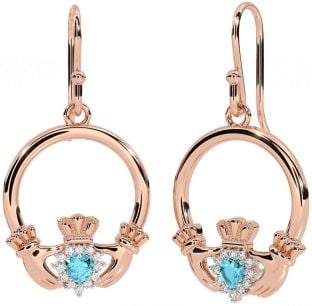 Diamond Aquamarine Rose Gold Claddagh Dangle Earrings