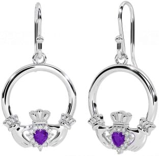 Diamond Amethyst Silver Claddagh Dangle Earrings