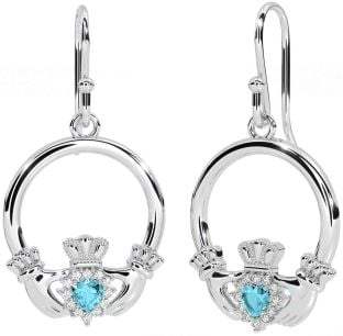 Diamond Aquamarine Silver Claddagh Dangle Earrings