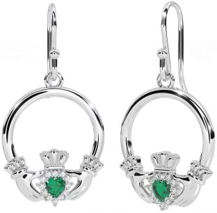 Diamond Emerald Silver Claddagh Dangle Earrings