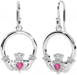 Diamond Pink Tourmaline Silver Claddagh Dangle Earrings