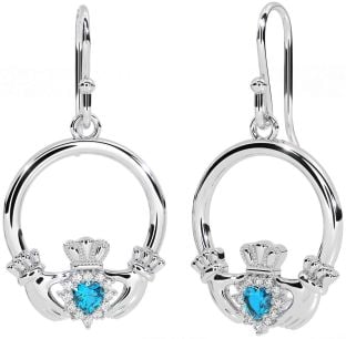 Diamond Topaz Silver Claddagh Dangle Earrings