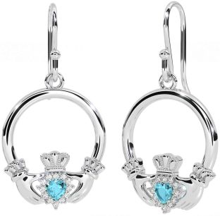 Diamond Aquamarine White Gold Claddagh Dangle Earrings
